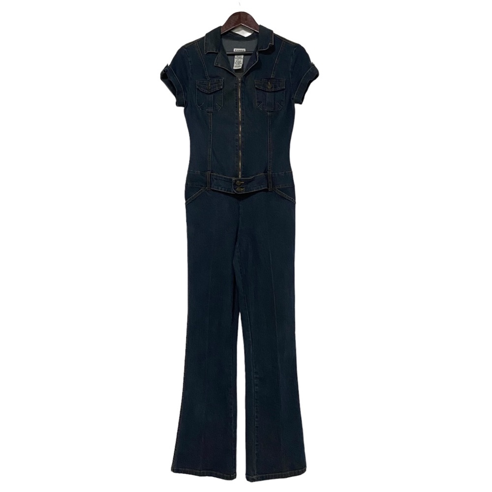 Y2K Denim Jumpsuit Dark Wash Zip Up Womens Hip Hop Festival Jumper